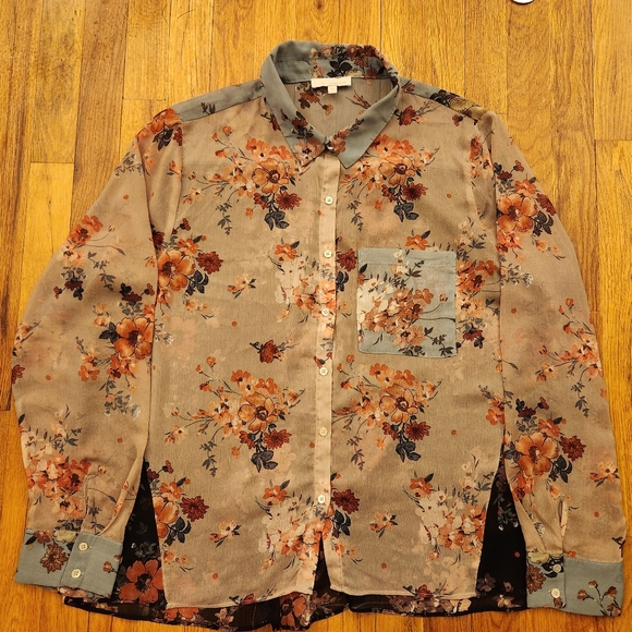 &. Layered Tops - Floral Button Down Shirt in Cream and Brown